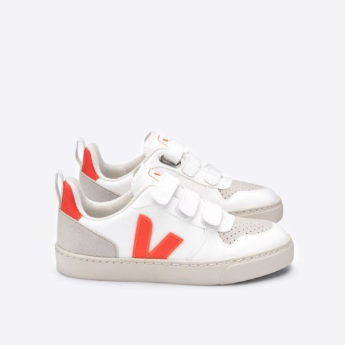 Veja V-10 Velcro CWL Kids Trainers White/Orange UK 74868